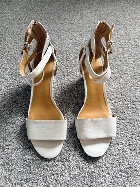 Nine West White Leather Open-Toe Ankle-Strap Wedge